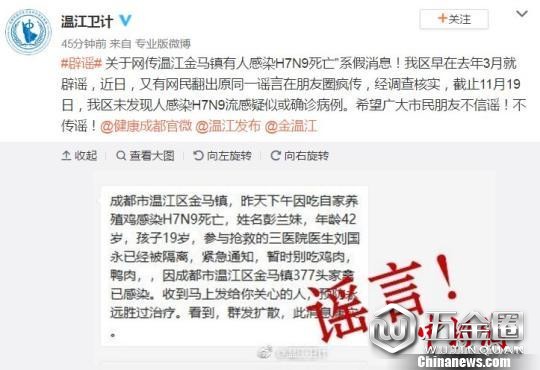 成都溫江一人感染H7N9死亡？ 官方：純屬謠言